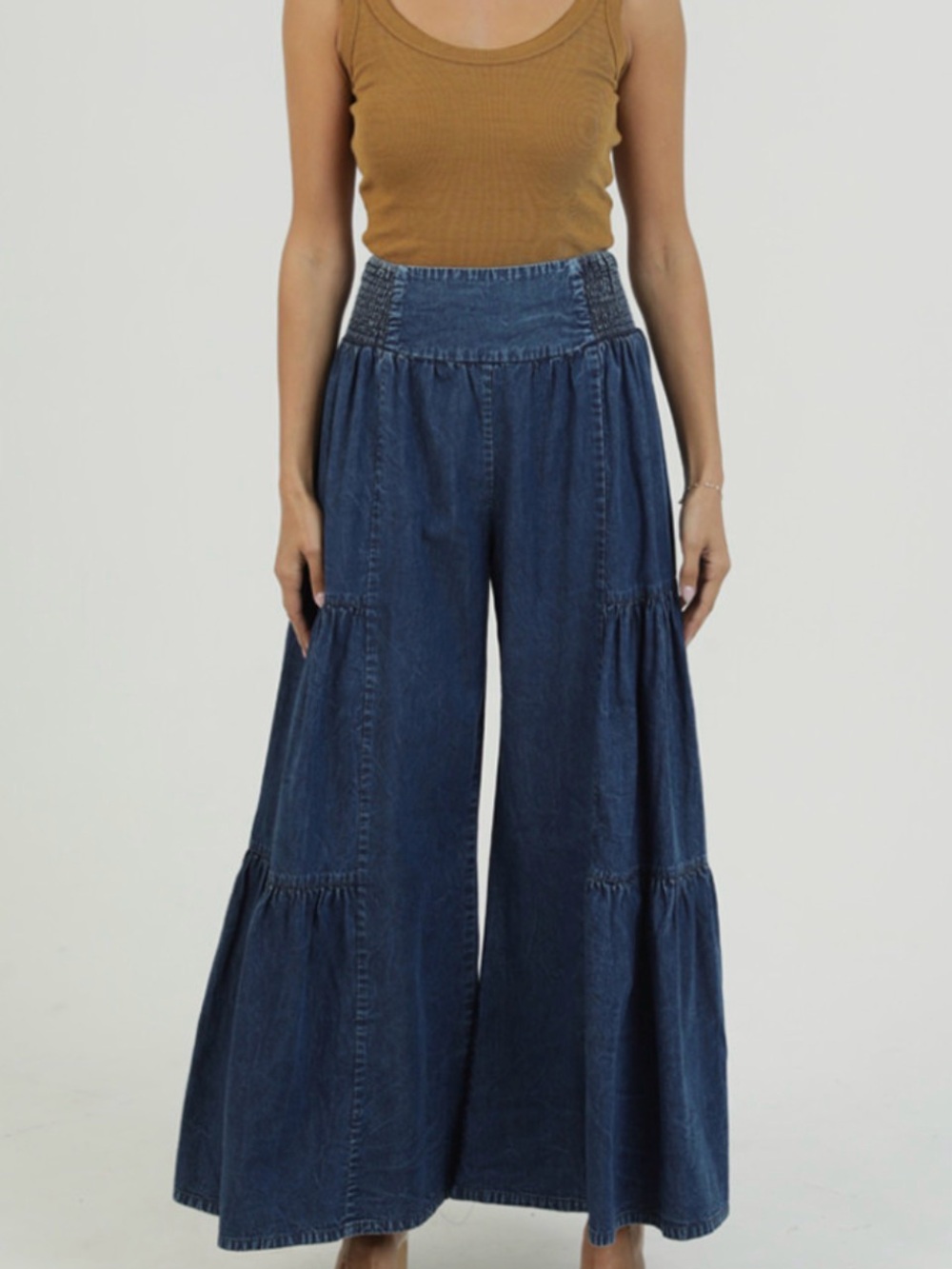 Angie Dark Blue Tiered Wide-Leg Denim Jeans